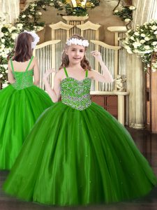 Piso de longitud verde chicas desfile vestidos de tul sin mangas abalorios