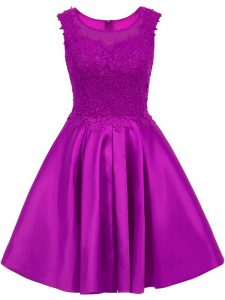 Berenjena púrpura una línea de encaje vestidos de damas cremalleras satén sin mangas mini longitud