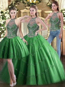 Sin mangas hasta el suelo con abalorios encaje hasta 15 vestidos de quinceañera con verde