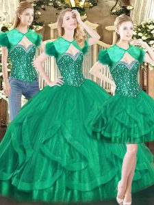 Colocación de vestidos de bola verde oscuro con abalorios y volantes dulce 16 vestido con encaje hasta el largo del piso sin mangas