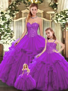 Fabulosa berenjena vestido púrpura de cumpleaños número 15 y dulce 16 y quinceañera con abalorios y volantes cariño sin mangas con cordones