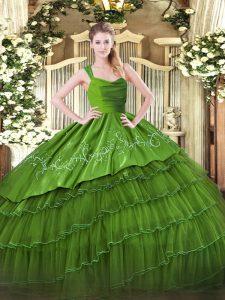 Hermosos vestidos de bola vestidos de quinceañera verde oliva correas de organza y tafetán sin mangas hasta el suelo con cremallera