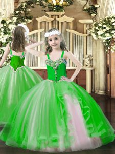 Espectacular vestido de bola verde de tul correas sin mangas abalorios hasta el suelo con cordones hasta niñas vestido del desfile