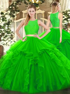 Cremallera verde vestidos de quinceañera volantes longitud del piso sin mangas