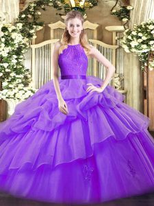 Hasta el suelo berenjena púrpura quinceañera vestidos de organza sin mangas de encaje y capas con volantes