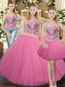 rosa vestidos de bola rosa con cuentas 15 vestido de quinceañera con cordones de tul sin mangas hasta el suelo