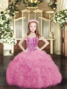 Nuevo estilo rosa rosa con encaje vestido de desfile de niña pequeña con volantes y reconocidos sin mangas hasta el suelo