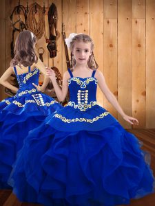 Hermosa organza de color azul real con cordones correas sin mangas hasta el suelo vestido de desfile de niña pequeña bordado