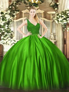 Escote de pico verde abalorios vestidos de quinceañera sin mangas con cremallera