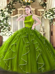 Elegante verde oliva, sin mangas, cierre de organza con asa, vestidos de quinceañera para bola militar y dulce 16 y quinceañera.