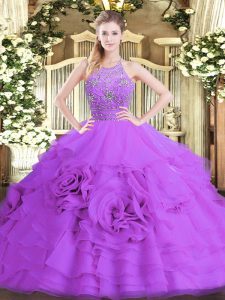 Espectacular hasta el suelo berenjena púrpura quinceañera vestidos de tul sin mangas abalorios y capas con volantes