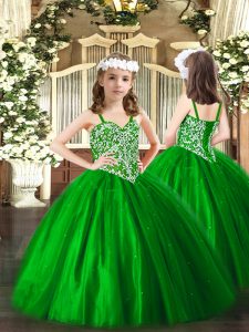 Dulce cordones verdes hasta correas abalorios niñas desfile vestido de tul sin mangas