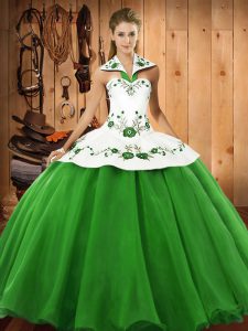 Extravagante vestido de bola verde bordado dulce 16 vestido de quincea con cordones, satén y tul largo hasta el suelo sin mangas