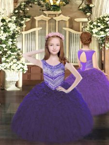 Vestidos de bola niñas vestido del desfile púrpura organza sin mangas hasta el suelo longitud de encaje hasta