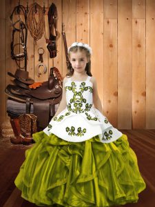 Correas lujosas sin mangas para niños, ropa formal, longitud del piso, bordado y volantes de organza verde oliva