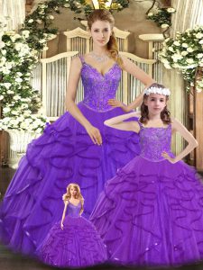 Correas sin mangas con cordones dulce 16 vestido organza púrpura