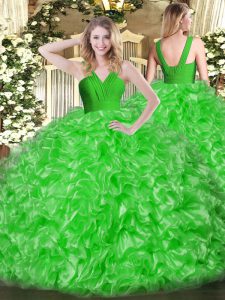 Gran longitud de piso verde quinceañera vestidos de organza sin mangas de volantes