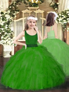 Gloriosos vestidos de bola verde cucharadas de tul sin mangas abalorios y volantes hasta el suelo con cremallera vestido de desfile de niña pequeña