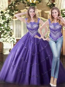 Largo del piso romántico púrpura dulce 16 vestidos tul sin mangas abalorios