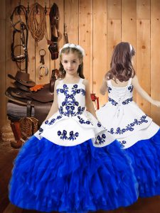 Vestidos de bola niña vestidos de desfile azul correas reales organza longitud del piso sin mangas con cordones