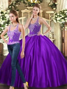 Sin mangas hasta el suelo con cordones 15 vestido de quinceañera en color púrpura con abalorios