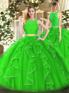 Encaje y volantes 15 vestido de quinceañera cremallera verde sin mangas piso longitud