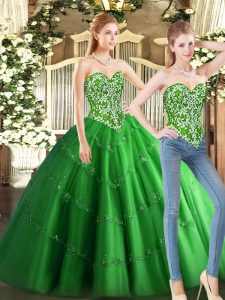 Diseño personalizado longitud del piso verde dulce 16 vestidos de mangas abalorios