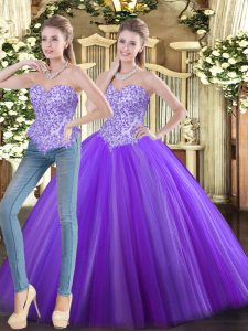Rebordear vestidos de quinceañera berenjena púrpura con cordones hasta el suelo sin mangas