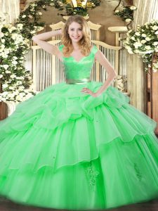 Elegante organza con cuello en v sin mangas con cremallera con volantes capas 15 vestido de quinceañera en verde