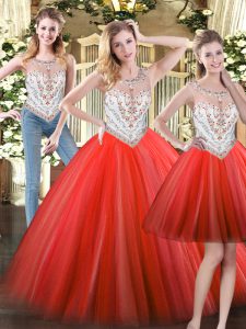 Precioso vestido de quinceañera con cuentas coral rojo con cremallera sin mangas hasta el suelo