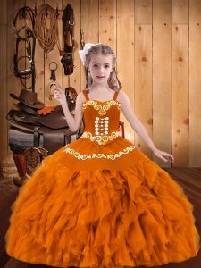 Encantadora naranja con cordones, tirantes, bordados y volantes niñas vestido de organza sin mangas