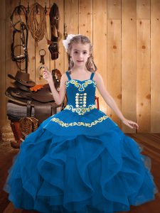 Gloriosos vestidos de bola azul bordados y volantes vestidos de desfile de niña con cordones hasta la organza sin mangas hasta el suelo