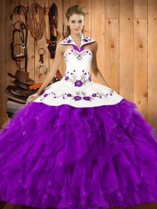 Berenjena simple, púrpura, vestidos de bola, bordados y volantes, vestido de fiesta, encaje hasta el satén y la organza hasta el suelo sin mangas
