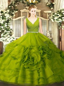 Palabra de longitud verde oliva vestido de quinceañera con cuello en man sin cremallera