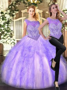 Personalizado sin mangas de longitud del piso cremallera dulce 16 vestidos en color lila con abalorios y volantes