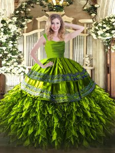 Excelentes correas sin mangas con cremallera dulce 16 vestido de quinceañera organza verde oliva