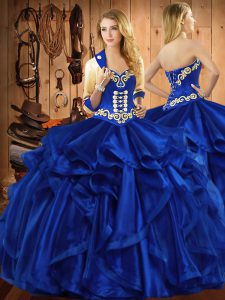 Vestidos de gala de lujo azul real bordados y volantes vestidos de quinceañera con cordones organza sin mangas hasta el suelo
