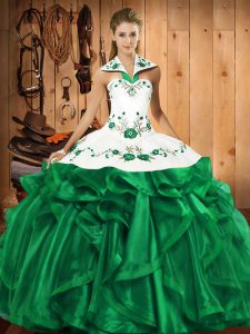 Brillante vestido de fiesta verde vestido de fiesta bola militar y dulce 16 y quinceañera con bordados y volantes sin mangas con encaje hasta la parte superior