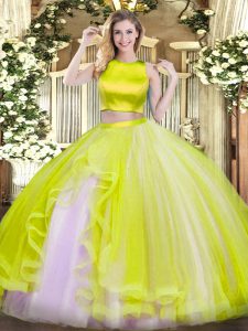 Súper amarillo verde sin mangas volantes longitud del piso dulce 16 vestido de quinceañera