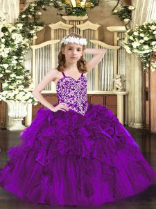 Exquisito piso sin mangas, abalorios y volantes de encaje hasta niñas vestido de desfile por mayor con púrpura