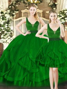 Correas superiores sin mangas con cordones dulce 16 vestido de quinceañera tul verde oscuro