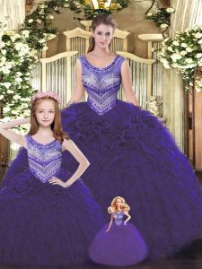 Rebordear a la moda y volantes vestido de 15 cumpleaños color púrpura oscuro con cordones hasta el suelo sin mangas
