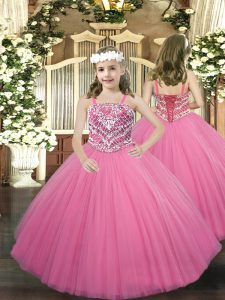 rosa rosa vestidos de bola correas de tul sin mangas abalorios hasta el suelo con cordones niños vestido del desfile