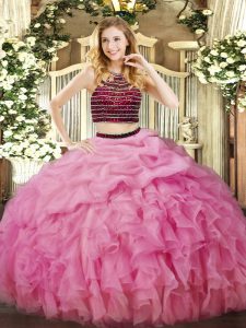 Elegante rosa rosa, vestidos de bola de organza con cuello halter sin mangas abalorios y volantes hasta el suelo con cierre dulce 16 vestido