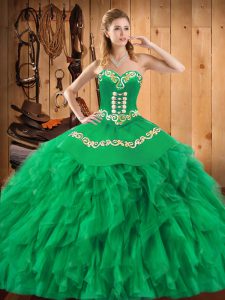 Fantástico verde sin mangas de satén y organza con cordones vestidos de quinceañera para baile militar y dulce 16 y quinceañera