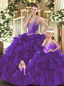 Correas sin mangas de organza con cordones y abalorios 15 vestido de quinceañera en púrpura
