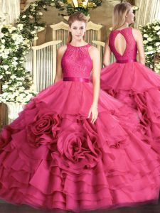 Elegante tela sin mangas con flores onduladas, largo hasta el suelo, vestido de quinceañera con cremallera rosa intenso con encaje