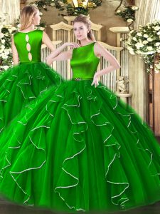 Precioso corchete de organza verde mango dulce 16 vestido sin mangas hasta el suelo volantes