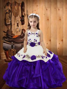 Descuento púrpura vestidos de bola correas sin mangas piso de organza con cordones bordados y volantes vestido del desfile infantil