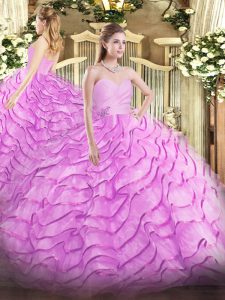 tren de pincel sin mangas de novia de organza con cordones y capas con volantes vestidos de quinceañera en color lila